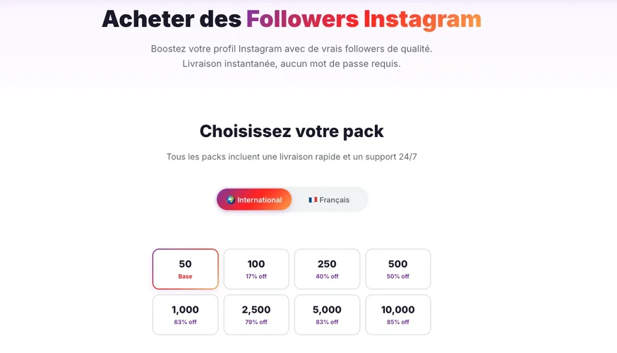 Packs disponibles para comprar seguidores Instagram en Followers Lab